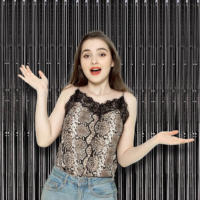 2 Pack Black Foil Fringe Backdrop Curtains, Tinsel Streamers Birthday Party - Image 7