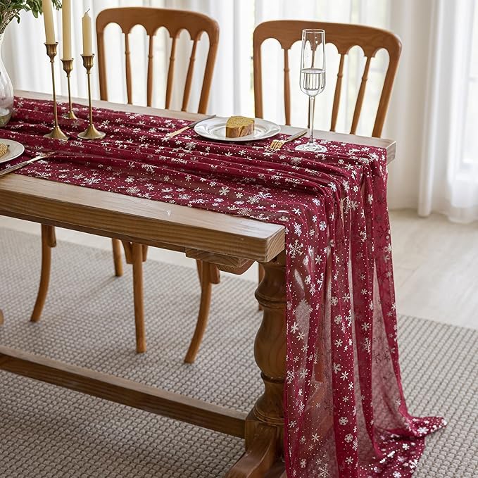 Silvery Snowflake Metallic Print Tulle Christmas Table Runner, Seasonal Winter - Image 6