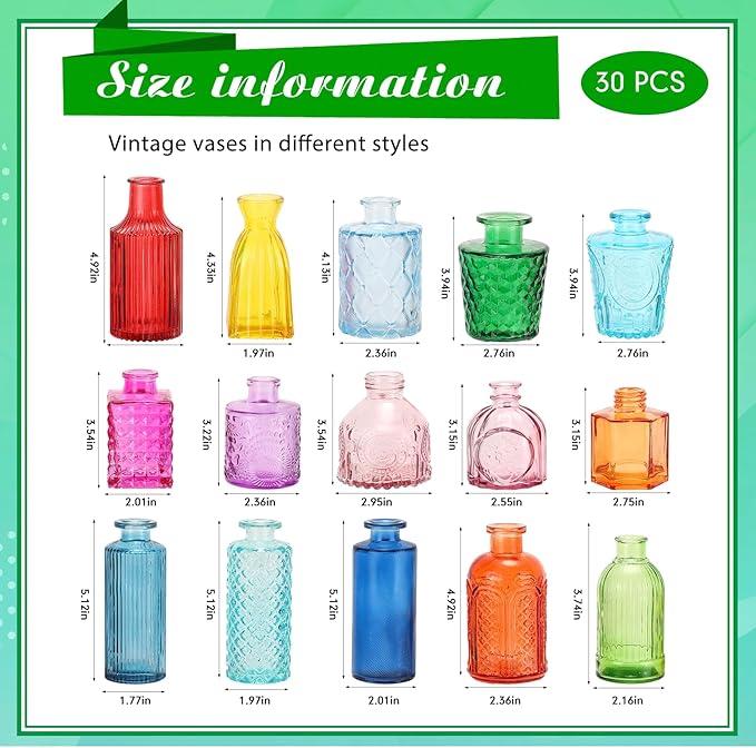 Yaomiao 30 Pcs Vases Bulk Colored Flower Glass Vases Bud Vintage Colored Glass - Image 2