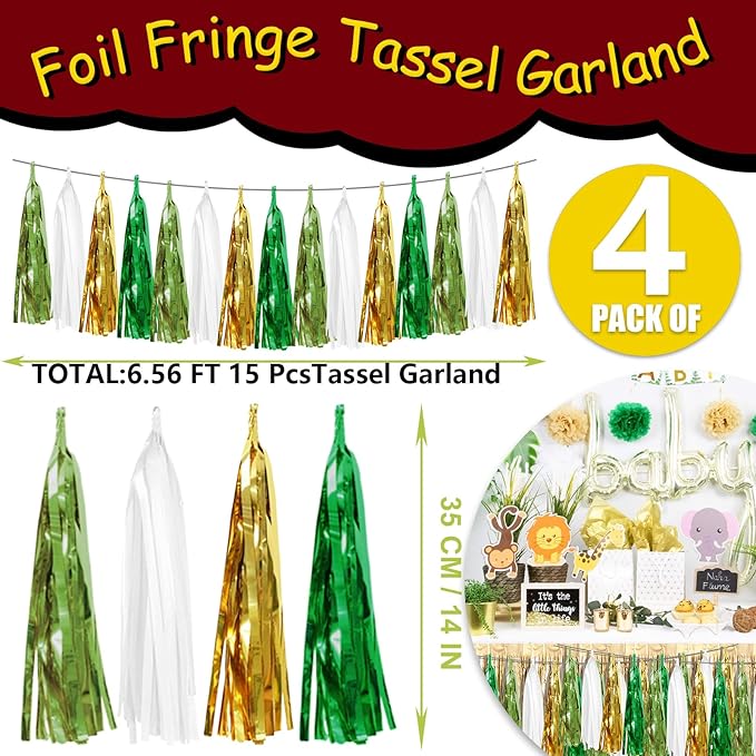 4P Sage-Green Gold Foil Fringe Tassel Banner Garland Metallic Tinsel Streamers - Image 2