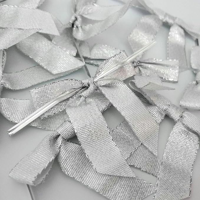 50pcs 2-1/2" Metallic Satin Silver Bows - Image 8