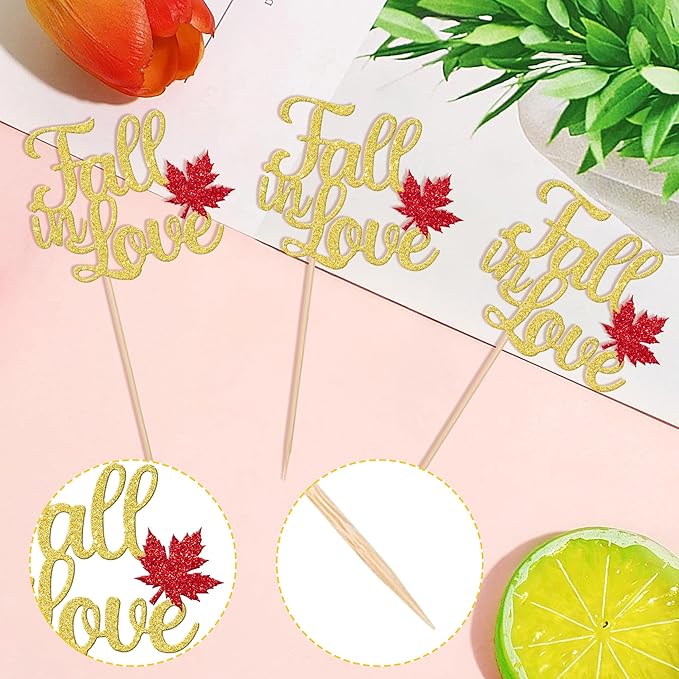 24 PCS Fall in Love Cupcake Toppers Glitter Maple Leaf Fall Theme Bridal Shower - Image 3