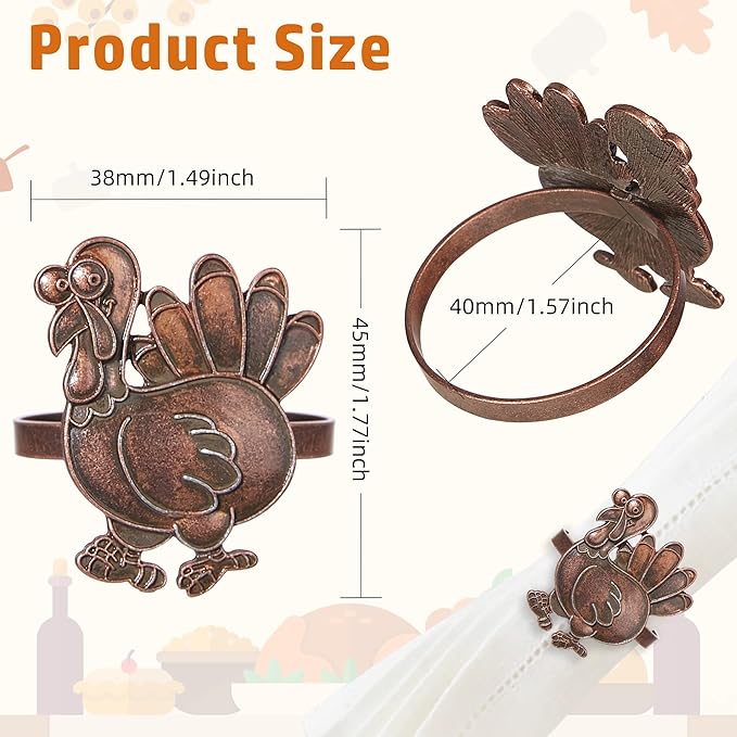 Halatool Thanksgiving Bronze Turkey Napkin Rings Set of 6, Funny Metal Festival - Image 4