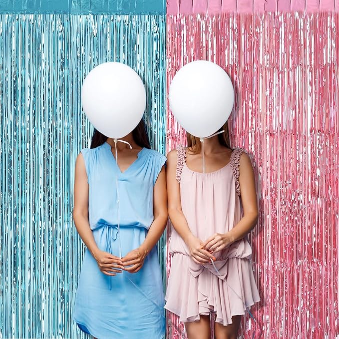 4 Pack 3.2Ft x 6.6Ft Pink Blue Fringe Curtain Backdrop, Metallic Tinsel Foil - Image 3
