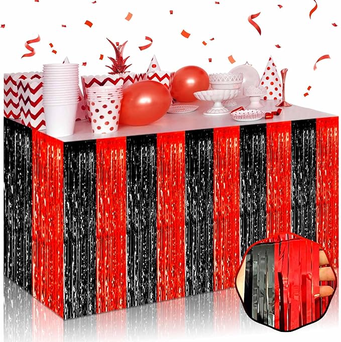 3 Pack 29 x108 Inch Black Red Foil Fringe Table Skirts Metallic Banner by Mebiornt