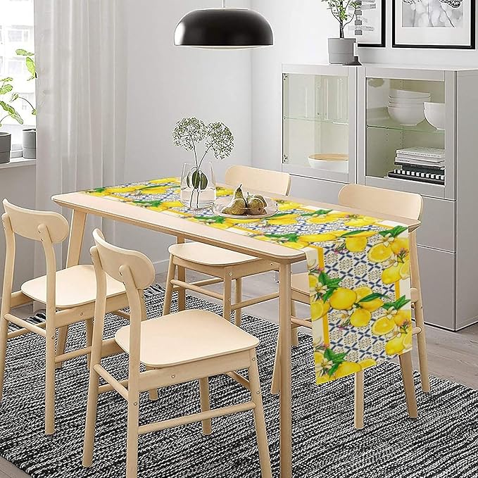 Lemon Table Runner, Spring Summer Seasonal Yellow Blue Table Runner - Image 3