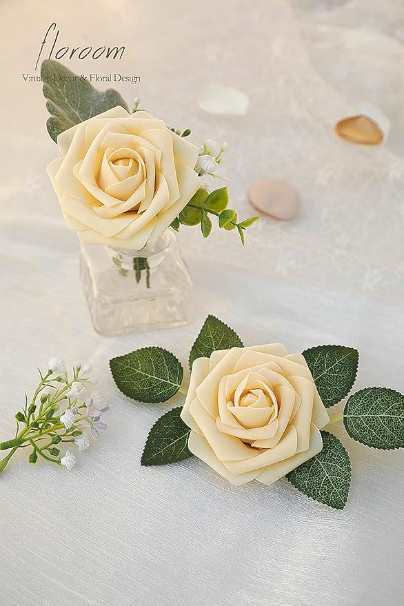 Floroom Artificial Flowers 50pcs Real Looking Creamy Yellow Foam Fake Roses - Image 5