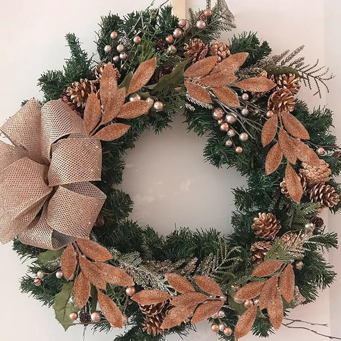 GREENTIME 12 Pack Artificial Brown Glitter Leaves 13" Fake Christmas Picks - Image 6