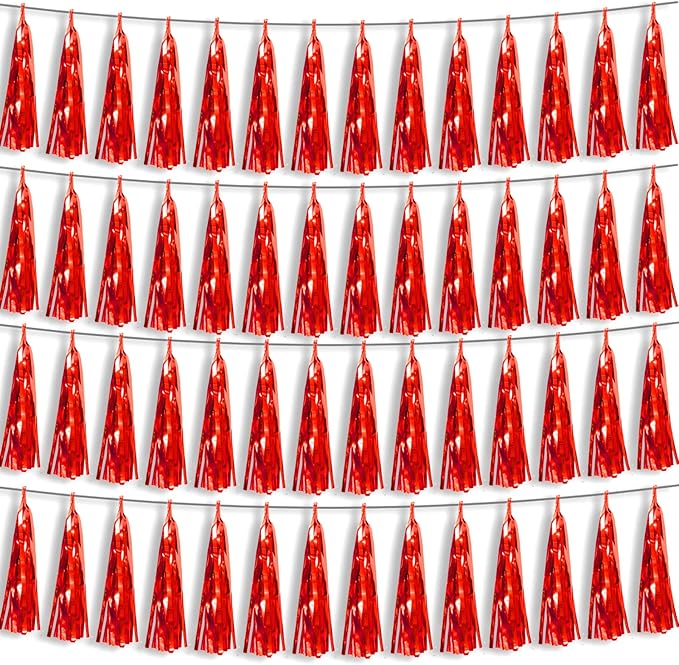 4P Red Foil Fringe Metallic Tassel Streamers Banner Tassel Garland by HYSILLA