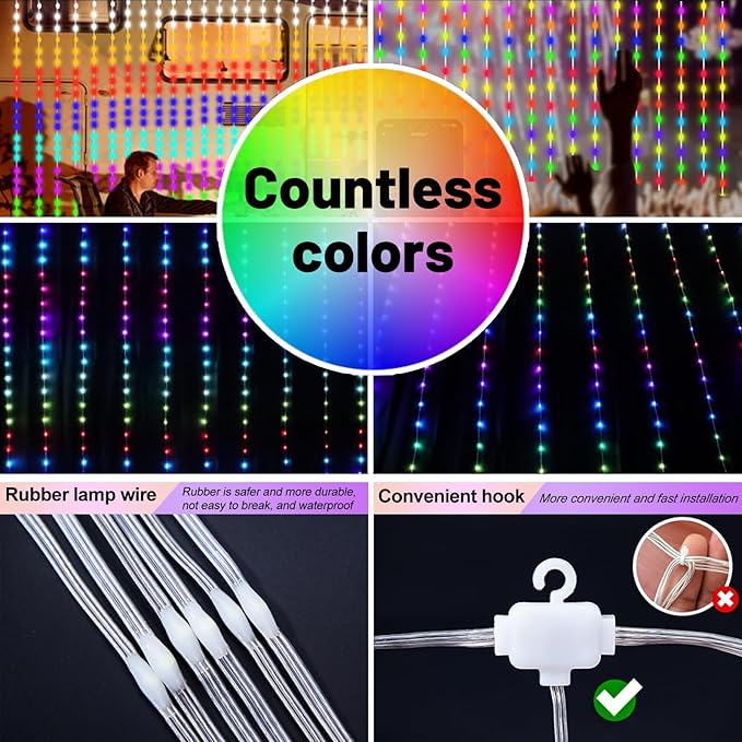 HXWEIYE 300LED Fairy Curtain Lights, 9.8x9.8Ft USB Plug-in 8 Modes Christmas - Image 2