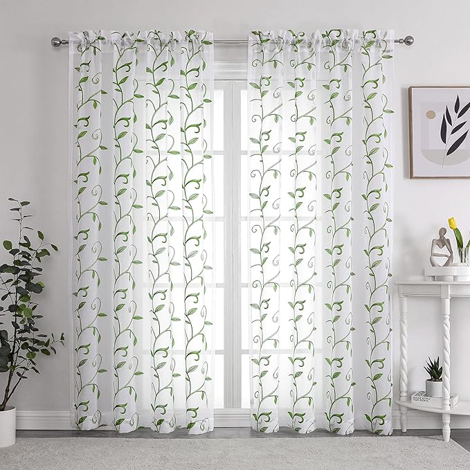 VISIONTEX Embroidered Green Sheer Voile Curtains, Leaves Embroidery Faux Linen - Image 2