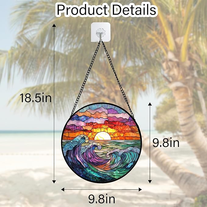 Stained Glass Window Hanging, Clouds and Sea Waves Suncatcher Diamond Glass - Image 3
