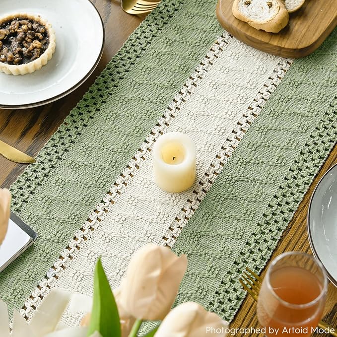 Artoid Mode Light Green Farmhouse Rustic Table Runner, Seasonal Hollow Kitchen - Image 4