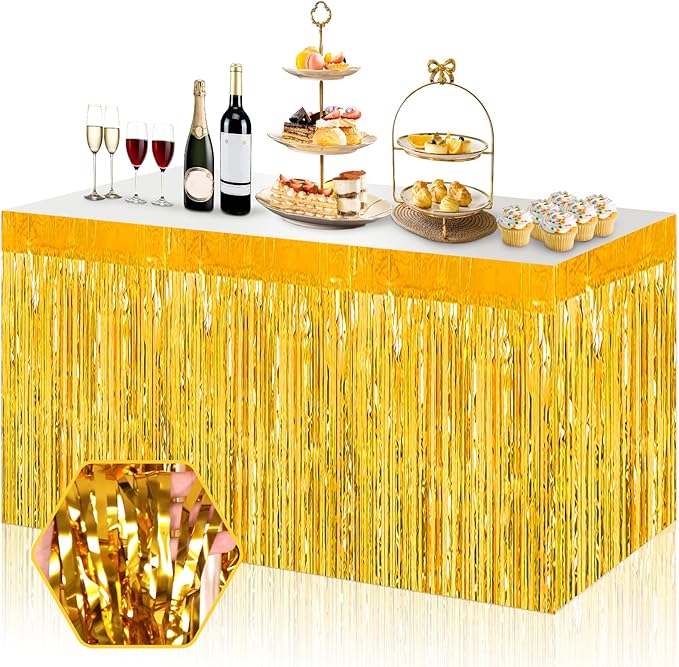 3 Pack 29x108 Inch Gold Foil Fringe Table Skirts Metallic Banner by Ferwzsr