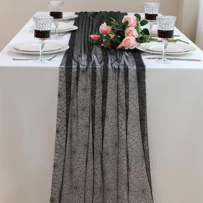 Snowkingdom Halloween Table Runner, 10 FT Black Spider Web Runners Metallic by Snowkingdom