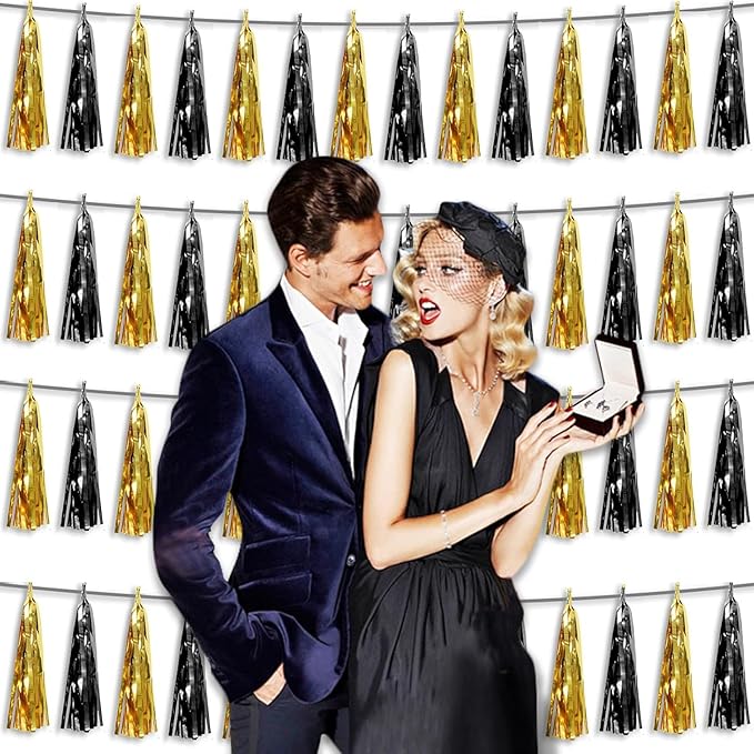 4P Black Gold Foil Fringe Tassel Banner Garland Metallic Tinsel Streamers Wall - Image 7
