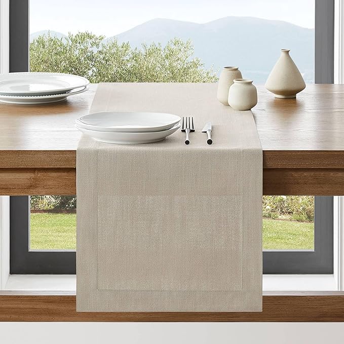 ZeeMart Linen Textured Border Table Runner, 14 x 90 Inch Natural, Farmhouse by ZEEMARTONLINE