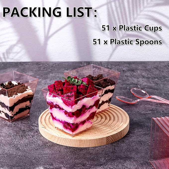 YOUBET 102 PCS Plastic Dessert Cups - 8oz Pink Clear Square Cups - 51 Pack Mini - Image 4