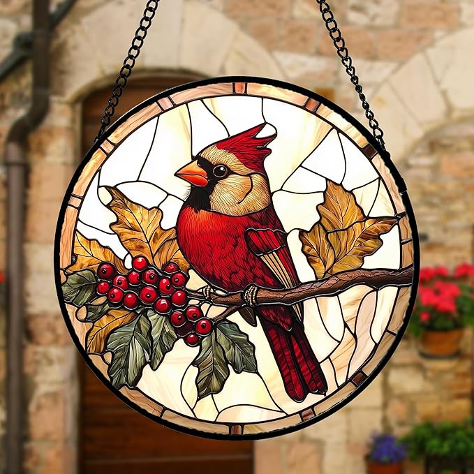 Stained Glass Window Hanging, Birds on a Branch Cardinal Sun Catchers Diamond - Image 2
