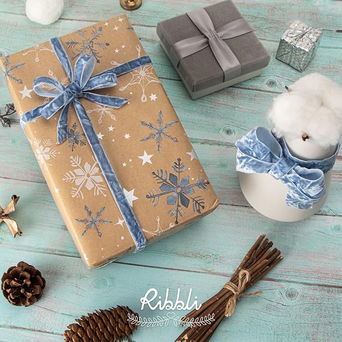 Ribbli Dusty Blue Velvet Ribbon 3/8 Inches Luxury Crinkled Blue Christmas Ribbon - Image 3