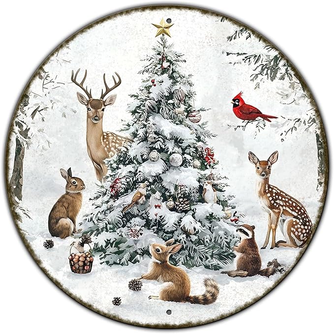 Round Christmas Snow Animals Metal Tin Sign by GJXFTPTTBD