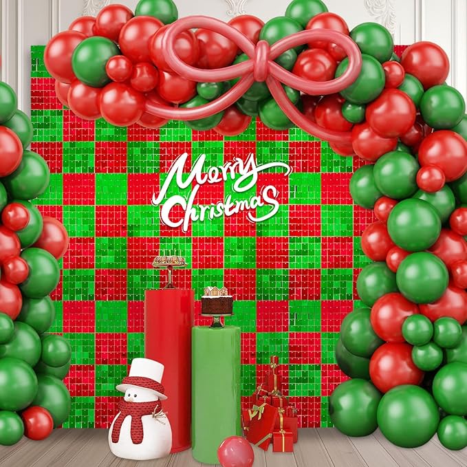 12PCS Red Green Shimmer Wall Backdrop, Laser Square Sequin Photo Backdrops Panel by ZEBMOON