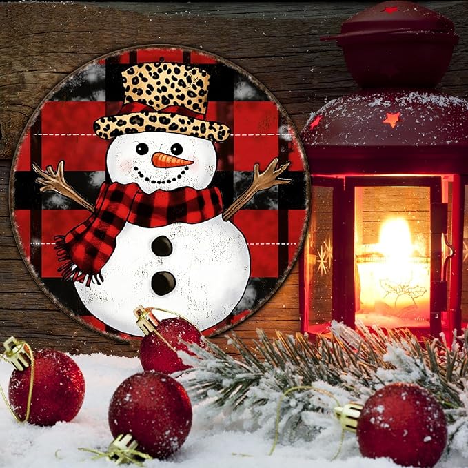 Round Christmas Snowman Tin Sign Vintage Snowman Sign Rustic Wall Decor - Image 5