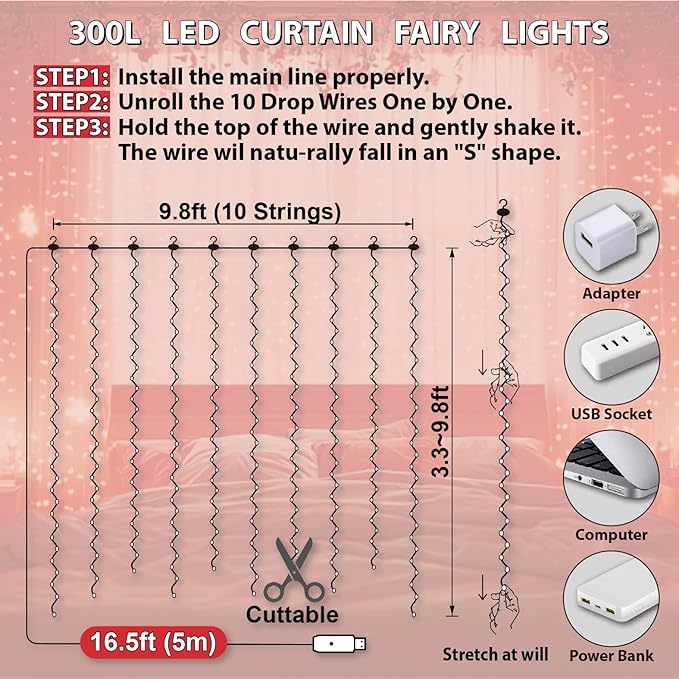 HXWEIYE 300LED Fairy Curtain Lights, 9.8x9.8Ft USB Plug-in 8 Modes Christmas - Image 5