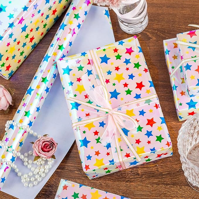 Burymento Holographic Pink Star Gift Wrapping Paper - Image 2