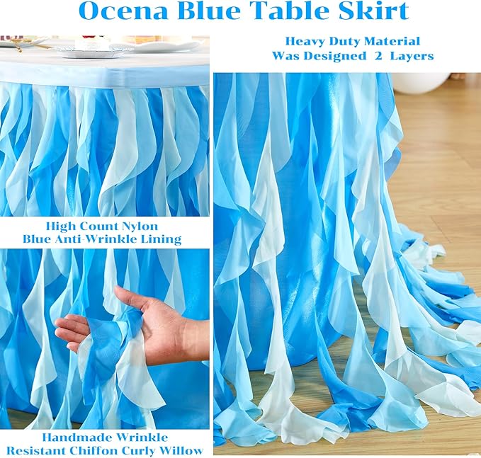 Partisky Ocean Blue Tulle Tutu Ruffle Curly Willow Table Skirt - Image 5