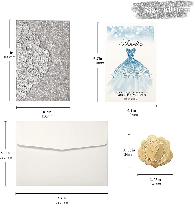DORIS HOME 50pcs Laser Cut Quinceanera Invitations Silver Glitter, 4.7x7.1 - Image 3