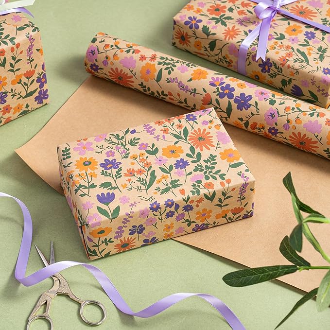 WRAPAHOLIC Kraft Floral Wrapping Paper Roll - Image 7