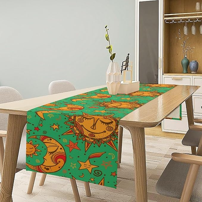 Boho Moon Table Runner, Phase of The Moon Star Sun Cartoon Pattern Table Runner - Image 7