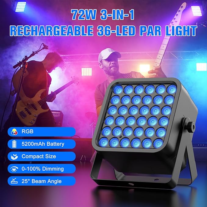 Rechargeable Par Can Lights, 72W RGB 5200mAh Uplights Battery Powered Stage - Image 2