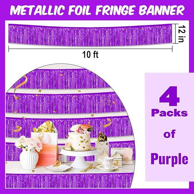 4 Pack 10 Ft Purple Foil Fringe Garland Metallic Streamers Tinsel Banner Wall - Image 2
