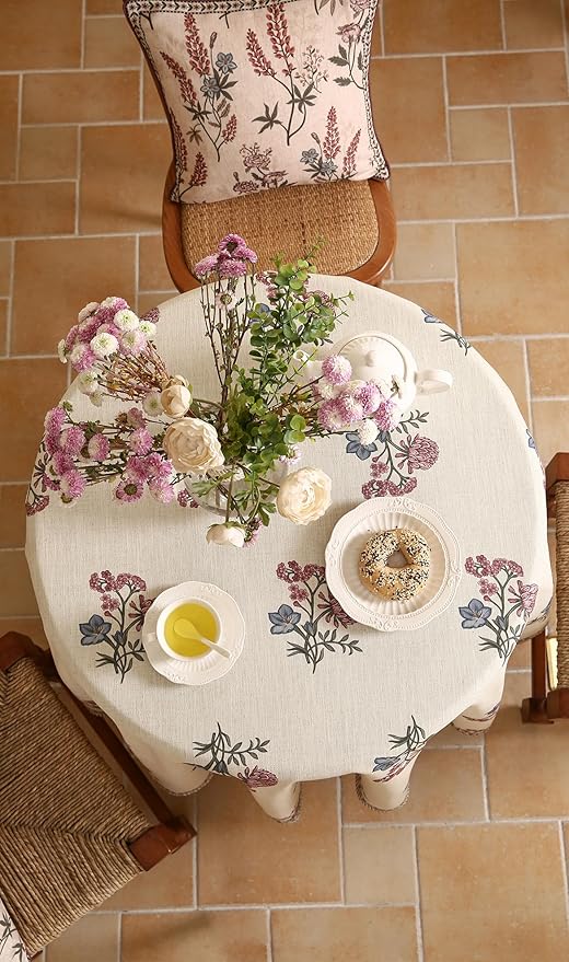 ISAENNE Designer Linen Light Beige Small Round Tablecloth, French Colorful - Image 6