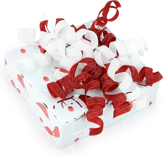 6" Metallic Glitter Red and White Self Adhesive Curly Ribbon Gift Wrap Bows - Image 6