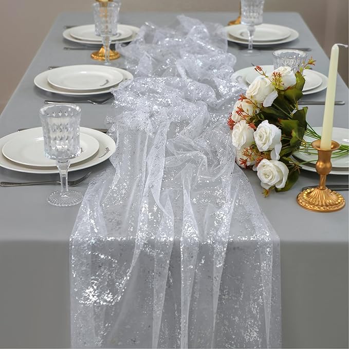 Snowkingdom 10 FT White Silver Cheesecloth Table Runner, Sequin Metallic Foil by Snowkingdom