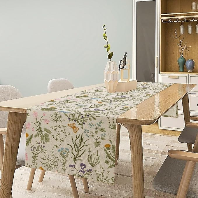 Wildflowers Floral Table Runner, Retro Flower Butterfly Seasonal Spring Summer - Image 6