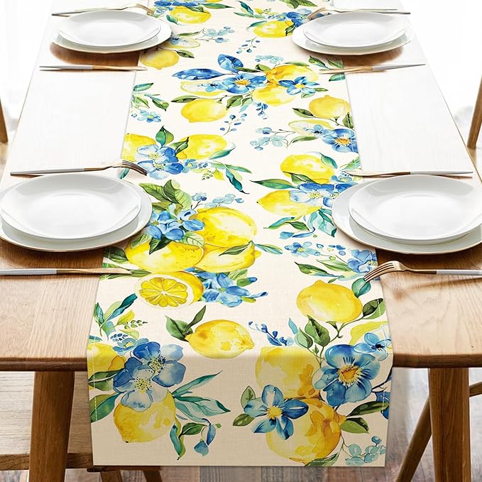 Lemon Blue Flower Dining Table Runner, Spring Summer Fruit Floral Burlap by Croar
