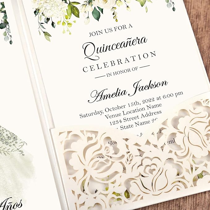 DORIS HOME 50pcs Laser Cut Quinceanera Invitations Green and Ivory White - Image 6