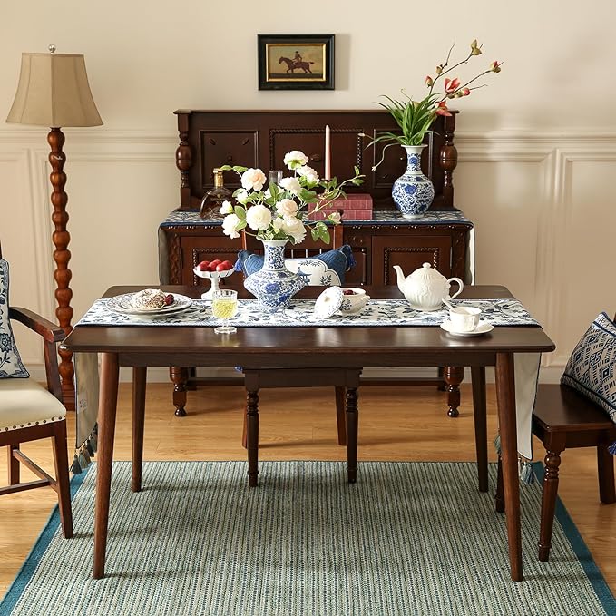 Decorative Linen Table Runner 71 Inches Long, Chinoiserie Blue Floral Cloth - Image 6