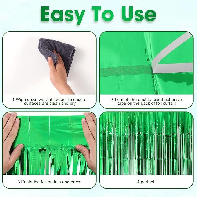 4 Pack Green Foil Fringe Backdrop Curtains, Tinsel Streamers Birthday Party - Image 4