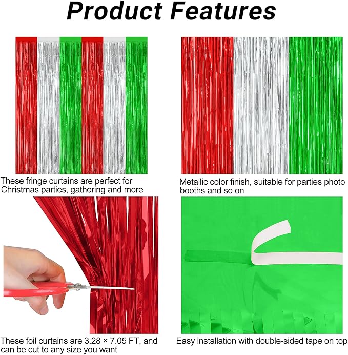 12 Pack Christmas Party Backdrop, 3.28 FT x 7.05 FT Red Silver Green Foil - Image 4