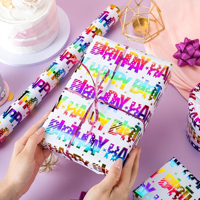 Yarcony Birthday Wrapping Paper Roll, Gift Wrapping Paper, Colorful Foil Girl - Image 2