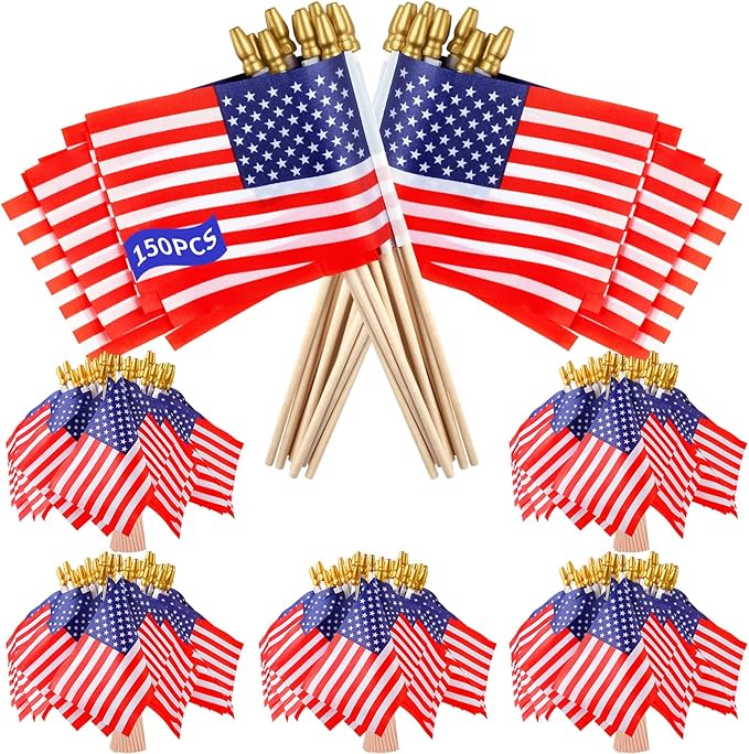 150pcs Small American Flags on Stick, Handheld 4 x 6 Inchs Mini American Flags by Unknown