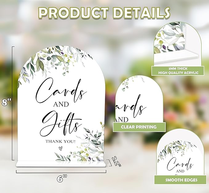 Greenery Cards and Gifts Sign, 6 x 8 Inch White Arch Acrylic Wedding Sign - Image 2