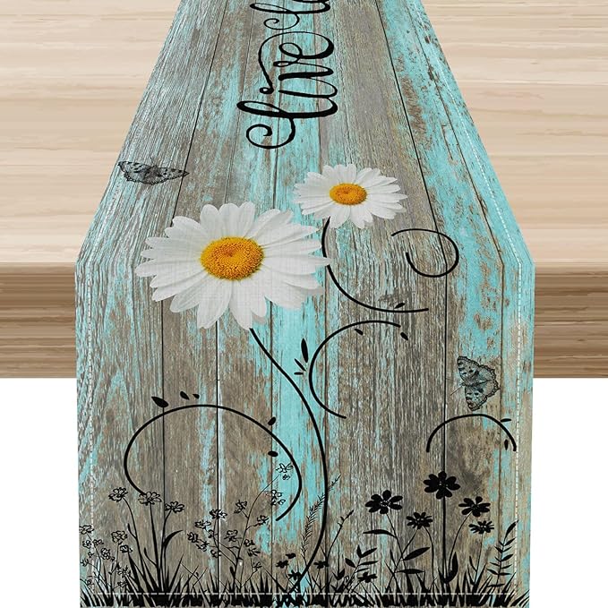 Daisy Floral Table Runner, Farmhouse Spring Seasonal Summer Teal Green White by Unknown