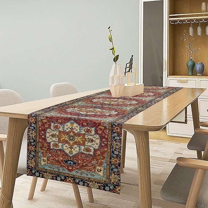 Vintage Boho Floral Table Runner, Rustic Country Farmhouse Red Blue Gold Retro - Image 3