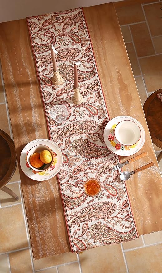 ISAENNE Designer Elegant Red Linen Table Runner 102 Inches Long, Vintage - Image 7